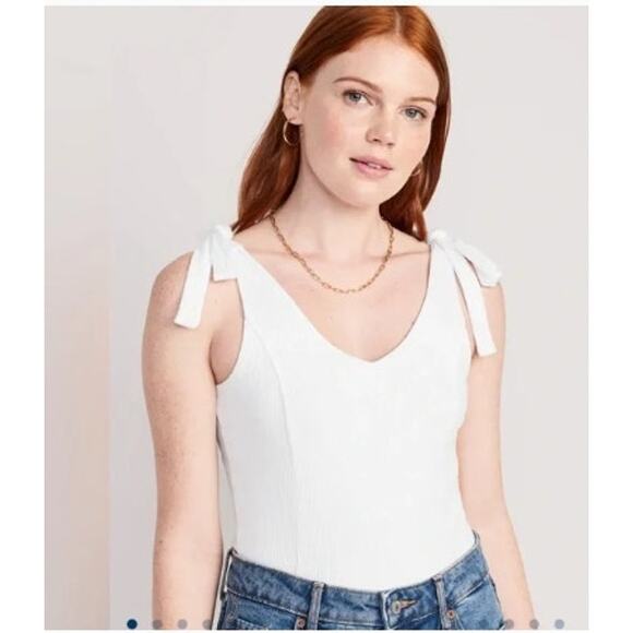 New NWT Old Navy Tie-Shoulder V-Neck‎ Rib-Knit Bodysuit White Medium - Picture 3 of 14